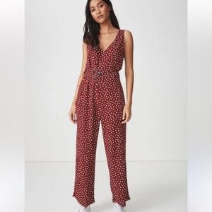 Cotton On Polka Dot Jumpsuit Sleeveless Crinkle Knit Cranberry S